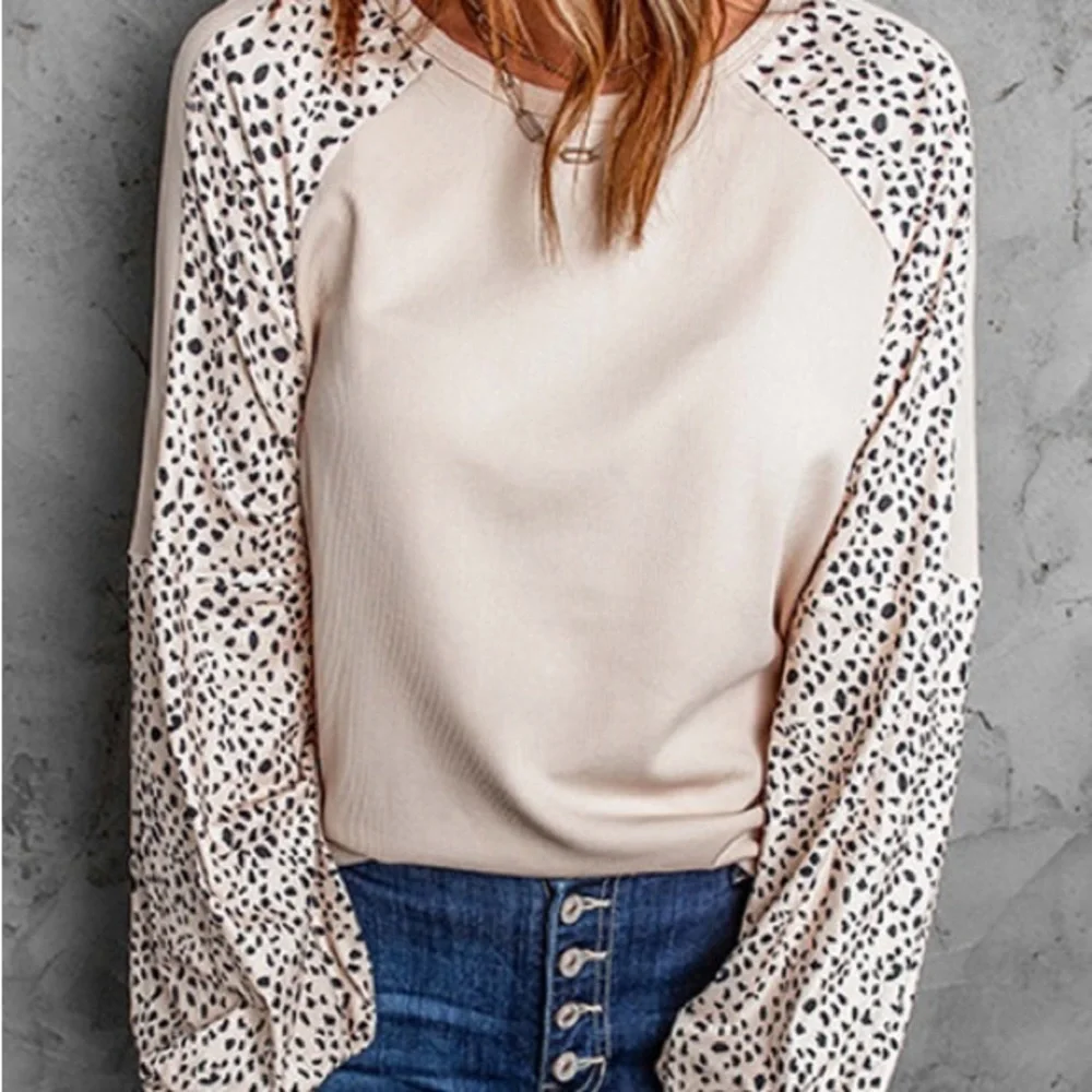 *Last One* Plus Size Cream Ribbed Top w/ Leopard Print Balloon Sleeves, 2X - Picture 2 of 14